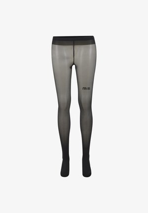 Gennemsigtige sorte strømpebukser med en forstærket taljebånd og tekst trykt på låret, med en glat tekstur og tætsiddende pasform hele vejen.