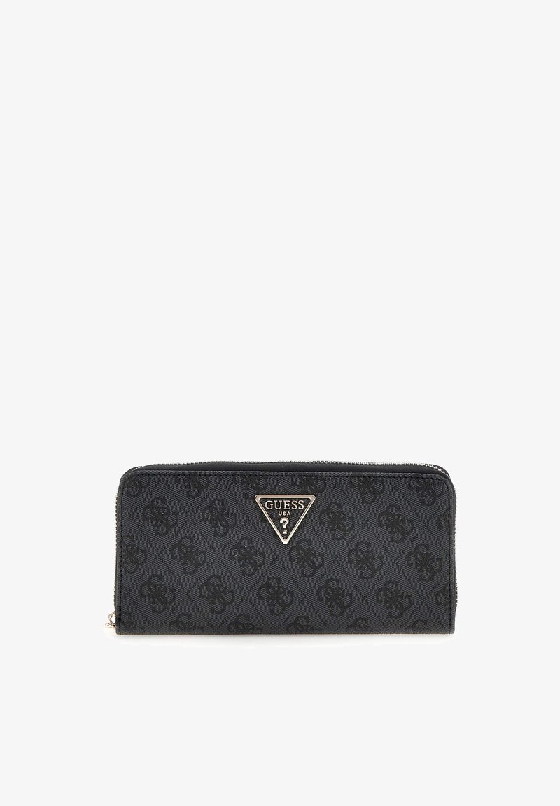 Portefeuille zippé noir avec tissu texturé, présentant un motif de monogramme répété et un logo métallique en forme de triangle. Forme rectangulaire, texture lisse.