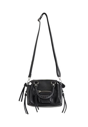 Black leather crossbody bag with braided handle, front zip pocket, side tassels, and adjustable shoulder strap.