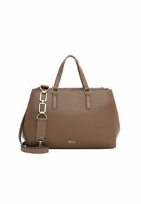 Braune, strukturierte Leder-Handtasche mit doppelten Griffen, abnehmbarem Schultergurt, goldfarbenen Beschlägen und Reißverschluss. Schräges Design mit strukturierter Form.