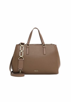 Braune, strukturierte Leder-Handtasche mit doppelten Griffen, abnehmbarem Schultergurt, goldfarbenen Beschlägen und Reißverschluss. Schräges Design mit strukturierter Form.