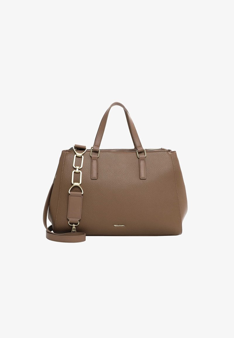 Borsa a tracolla in pelle marrone testurizzata con doppio manico, tracolla removibile, hardware in tono oro e chiusura con zip. Design inclinato con forma strutturata.