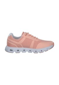 Scarpe da ginnastica rosa chiaro con tomaia in mesh traspirante, accenti bianchi, suola esagonale e lacci piatti. Ideali per un uso casual e attività leggere.