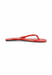 Rote Flip-Flops mit flacher Gummisohle und zwei dünnen Riemen, die ein glänzendes Finish und ein minimalistisches Design aufweisen.
