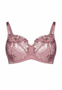 Różowy koronkowy biustonosz z haftem kwiatowym, miseczki z drutem, regulowane satynowe ramiączka oraz półprzezroczyste panele z siateczki.