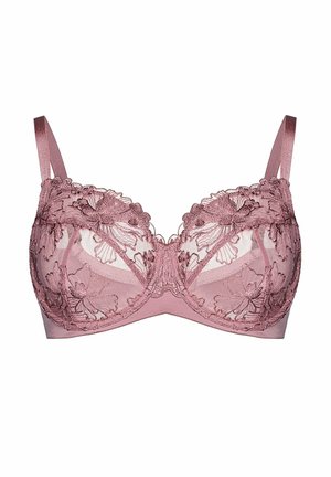 Różowy koronkowy biustonosz z haftem kwiatowym, miseczki z drutem, regulowane satynowe ramiączka oraz półprzezroczyste panele z siateczki.