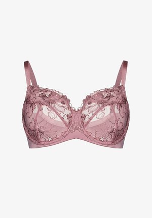 Różowy koronkowy biustonosz z haftem kwiatowym, miseczki z drutem, regulowane satynowe ramiączka oraz półprzezroczyste panele z siateczki.