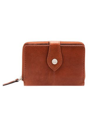 Brown leather wallet with a smooth texture, zip closure, and a snap button accent; features a small strap for easy carrying.