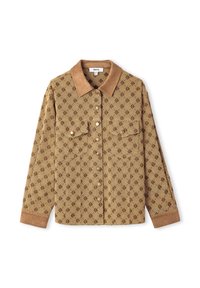 Braun gemusterte Jacke mit einem taupefarbenen Wildlederkragen, mit einer durchgehenden Knopfleiste, zwei Brusttaschen und langen Ärmeln.
