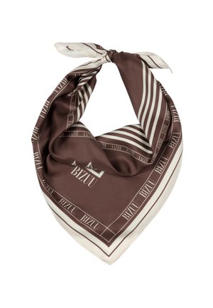 Brown and white striped silk scarf with Bizuu logo, folded and tied at the top against a white background.