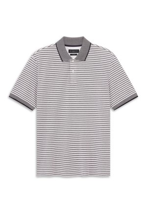 Kurzärmliges Poloshirt mit dünnen horizontalen grauen und weißen Streifen, grauem strukturiertem Kragen und zwei weißen Knöpfen auf der Vorderblende.