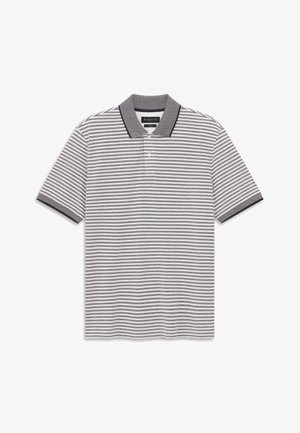 Kurzärmliges Poloshirt mit dünnen horizontalen grauen und weißen Streifen, grauem strukturiertem Kragen und zwei weißen Knöpfen auf der Vorderblende.