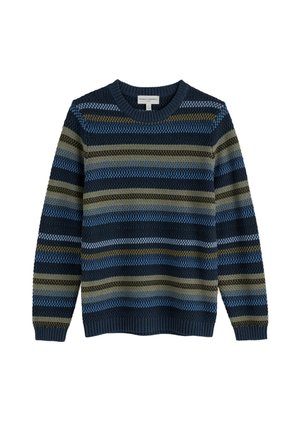 Strikket sweater med vandrette striber i marineblå, olivengrøn, lyseblå og grå. Rund hals, ribbet ærmegab og kant, tekstureret stof.