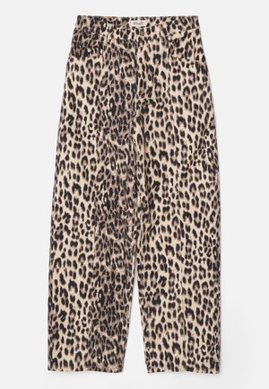 Pantalons imprimés léopard en tissu beige et noir. Présentent un design à jambe droite et deux poches avant. Taille mi-haute avec une fermeture à bouton.