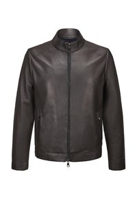 Schwarze Lederjacke mit Stehkragen, Frontreißverschluss und zwei seitlichen Taschen. Glatte Textur mit minimalen Nähdetails.