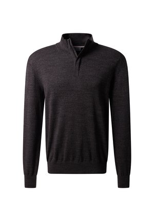 Dunkelgrauer langärmeliger Pullover mit halbem Reißverschluss-Kragen und gerippten Bündchen und Saum, auf einem weißen Hintergrund präsentiert.