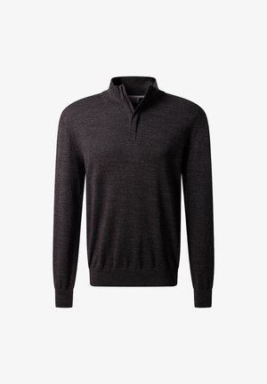 Maglione a maniche lunghe grigio scuro con colletto a mezza zip e polsini e orlo a coste, esposto su uno sfondo bianco.