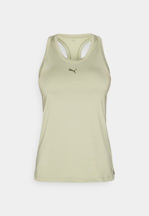 Svetlo zelena atletska majica brez rokavov z dizajnom racerback, ki ima diskreten logotip na prsih in gladko, raztegljivo tkanino.