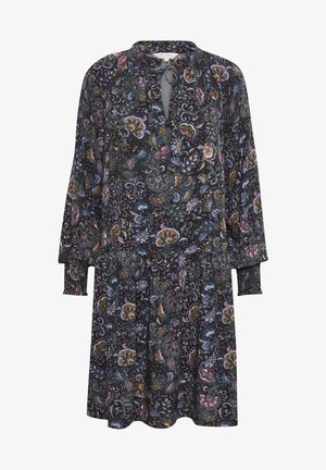 Abito nero floreale con maniche lunghe, scollatura a bocca di piano e orlo arricciato; motivi paisley intricati con tonalità di rosa, blu e oro.