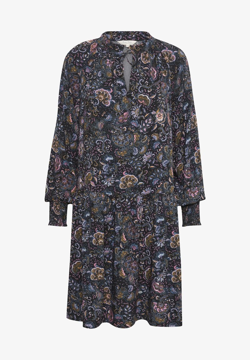 Robe noire à fleurs avec des manches longues, un décolleté en forme de clé et un ourlet volanté ; motifs délicats en paisley avec des nuances de rose, bleu et or.