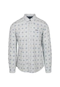 Lange mouwen shirt in lichtblauw en wit, voorzien van een geometrisch ruitpatroon. Overhemdkraag met knopen en een merklogo op de borst.