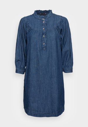 Dunkelblaues Denimkleid mit langen, gepufften Ärmeln, gerafftem hohem Kragen und Knopfleiste mit fünf Knöpfen vorne.