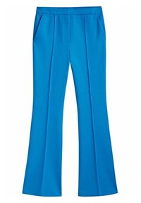 Blue flared pants made from a smooth fabric. Features two front pockets and a clean waistband with a subtle crease down the front.