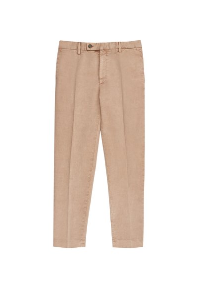 Beige Baumwollhosen mit glatter Textur, featuring einen Frontknopfverschluss, zwei Seitentaschen und eine taillierte Passform.