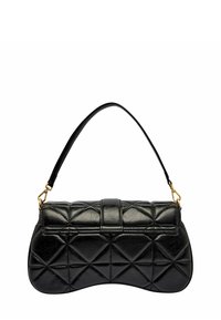 Borsa a mano in pelle sintetica nera con motivo a rombi, silhouette arrotondata, manico corto e dettagli in hardware dorato.