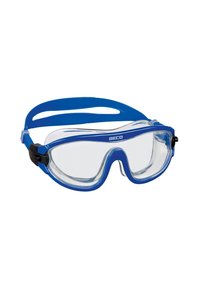 Blauwe zwemploepen met heldere lenzen, verstelbare band en een breed frame voor een veilige pasvorm. Merkennaam "BECO" zichtbaar aan de bovenkant.