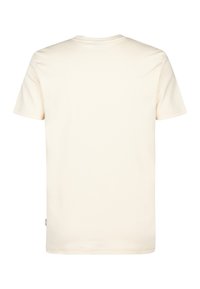 Krátký rukáv tričko v světlé béžové bavlně, s kulatým výstřihem a jednoduchou, hladkou strukturou bez potisků nebo ozdob.