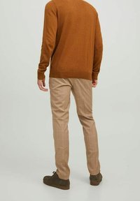 Brun stickad tröja med långa ärmar, tillsammans med ljusbeige byxor med rutmönster. Outfiten kompletteras med mörkbruna skor.