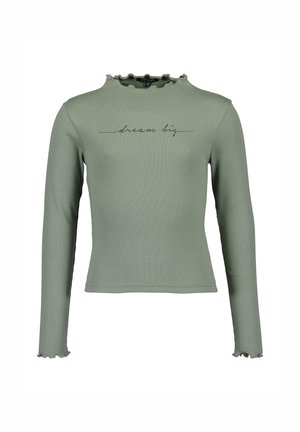 Salbeigrünes, geripptes Langarmoberteil mit gewelltem Kragen und Bündchen, bestickt mit dem Aufdruck "dream big" auf der Brust.