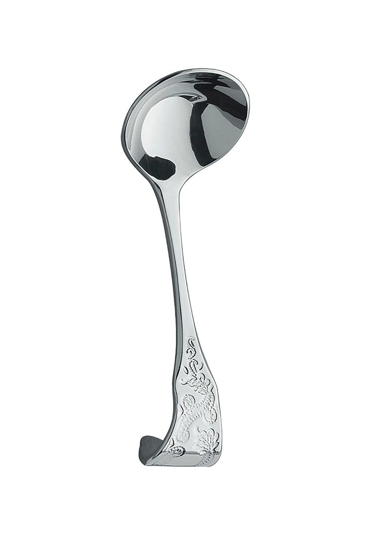 Stainless steel slev med en rund skål och långt handtag, med graverade blommönster på handtaget för grepp och dekoration.