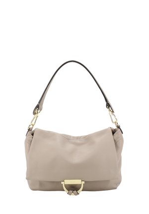 Beige soft leather handbag with short black handle and gold-tone metal clasp on front flap.
