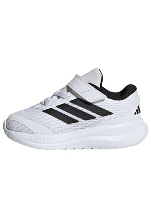 Biało-czarne trampki Adidas dla malucha z cholewką z siateczki, trzema czarnymi paskami po boku, paskiem na rzep, sznurowadłami i amortyzującą podeszwą Cloudfoam.