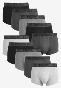 Ensemble de dix paires de sous-vêtements pour hommes en noir, gris foncé, gris clair et gris chiné ; comprend des ceintures élastiques avec le logo "next".