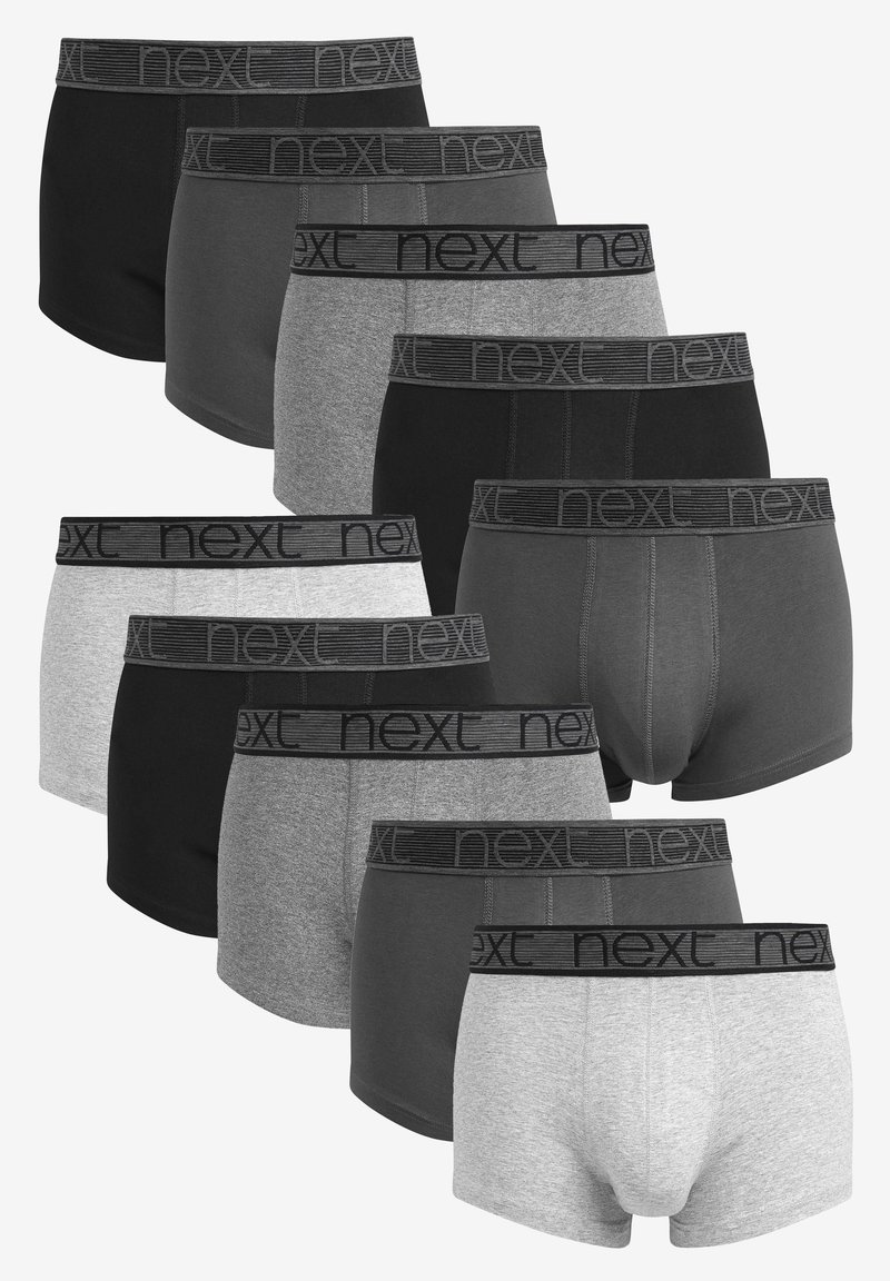 Ensemble de dix paires de sous-vêtements pour hommes en noir, gris foncé, gris clair et gris chiné ; comprend des ceintures élastiques avec le logo "next".