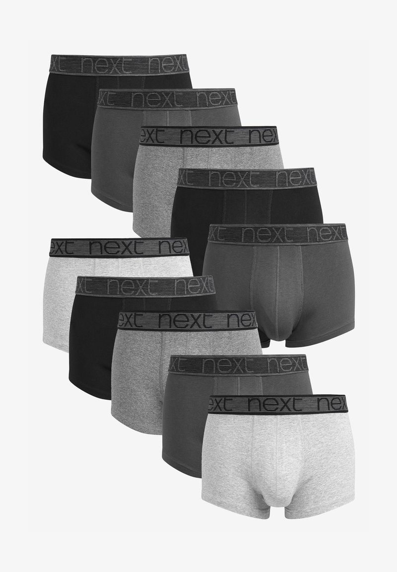 Ensemble de dix paires de sous-vêtements pour hommes en noir, gris foncé, gris clair et gris chiné ; comprend des ceintures élastiques avec le logo "next".