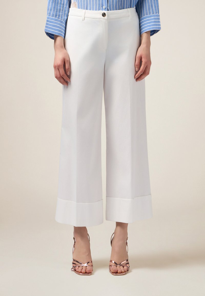 Pantalons blancs à jambes larges avec une texture lisse, présentant un ourlet retroussé et une fermeture à un bouton. Associés à des sandales à lanières métalliques.
