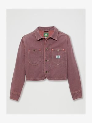 Cropped red and white striped jacket made of corduroy, featuring two chest pockets and button closure, with brand tag visible on the left side.