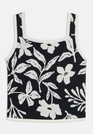 Dzianinowy top bez rękawów w czarnym kolorze z białym floralnym wzorem. Kwadratowy dekolt, szerokie ramiączka, fakturowany materiał i kontrastujące białe wykończenie.