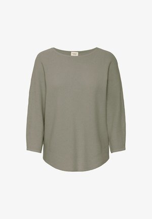 Vaaleanvihreä pitkähihainen neulepaita, jossa on venepääntie ja rento malli. Sisältää teksturoitua ribbikudontaa ja pyöristetyn helmauksen.