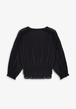 Blusa nera con maniche lunghe, orlo elasticizzato, rifiniture in pizzo decorativo sulle spalle e vestibilità rilassata con dettagli arricciati in vita.
