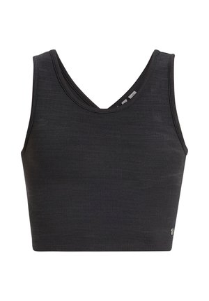 Zwarte sportieve crop top van gestructureerde stof, met brede schouderbanden en een V-hals ontwerp. Voorzien van een klein merkembleem op de zoom.