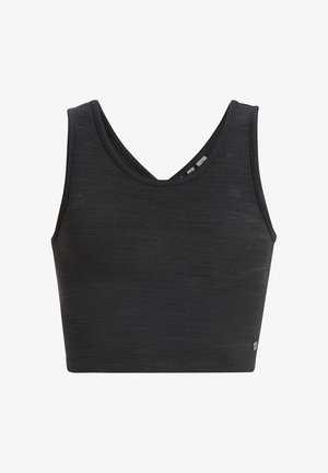 Schwarzes sportliches Crop-Top aus strukturiertem Stoff, mit breiten Trägern und einem V-Ausschnitt. Verfügt über ein kleines Markenlogo am Saum.