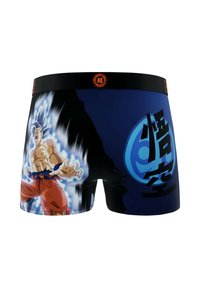 Boxers pour hommes avec un design bleu et noir mettant en avant un personnage graphique, une taille élastique et des couleurs vives. Comprend des accents de script asiatique.