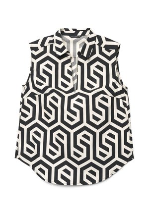 Top nero e bianco senza maniche con motivo geometrico a labirinto, scollo a V con colletto e orlo arrotondato.