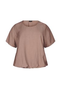 Short-sleeve, crew-neck top in a soft, textured light brown fabric with a relaxed fit and elastic waist to create fullness at the bottom.