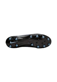 Black soccer cleat sole with light blue studs and a small Nike swoosh near the toe area.